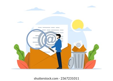 email scanning concept for cyber security, data protection or junk mail, online communication technology, protection, businessman scanning email with magnifying glass throwing junk mail into the trash