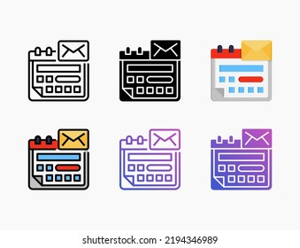 Email Schedule icon set with line, outline, flat, filled, glyph, color, gradient. Editable stroke and pixel perfect. Can be used for digital product, presentation, print design and more.