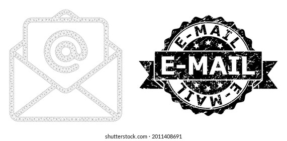 E-Mail scratched seal and vector open e-mail mesh model. Black seal includes E-Mail tag inside ribbon and rosette. Abstract 2d mesh open e-mail, created from flat mesh.