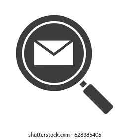 Email search glyph icon. Silhouette symbol. Magnifying glass with email letter. Negative space. Vector isolated illustration