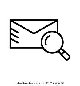 Email search icon. Envelope and magnifier, magnifying glass. Pictogram isolated on a white background.