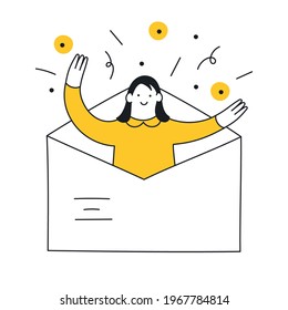 Email search, open new mail envelope. The cute cartoon woman checks the email, opened the envelope, and celebrating. Thin outline vector illustration on white.