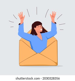 Email search, open new mail envelope. The cute cartoon woman checks the email, opened the envelope, and celebrating. Thin outline vector illustration on white. Email marketing, newsletter, work vector