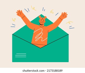 Email search, open new mail envelope. The woman checks the email, opened the envelope, and celebrating. Colorful vector illustration
