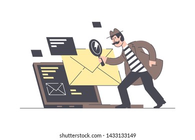 Email search vector illustration. Male holding magnifier and looking at postal envelope. Man with moustache wearing detective hat, coat and standing near big laptop flat style concept