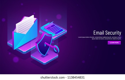 Email Security concept based web template design with illustration of mail envelope and security shield with key. Can be used for website and mobile app.