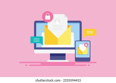 Email security concept, Email data protection from cyber attack, Email encryption system - vector illustration background with icons