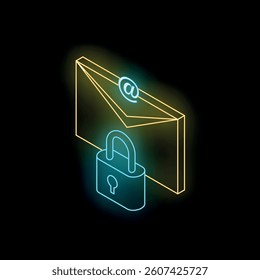 Email security concept with glowing neon padlock protecting digital communication, symbolizing data privacy and protection against cyber threats