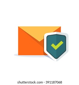 Email security concept, orange e-mail envelope with shield icon, concept of internet mail protection, data protect, safety, secure email, sign flat cartoon design isolated on white