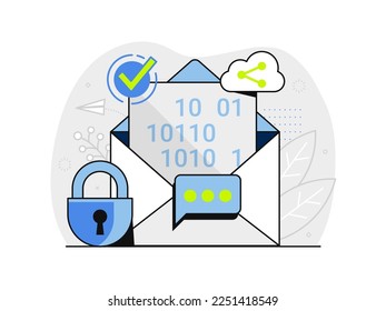 Email security concept for web advertising and business. Encrypted data mail processing illustration. People set up mobile mailing protection app and e-mail cloud subscription services.