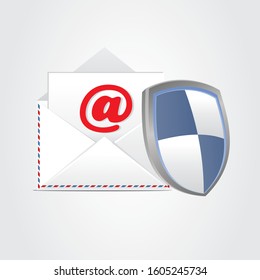 Email security concept, White e-mail envelope with shield icon, 
concept of internet mail protection, data protect, safety, secure email, sign flat cartoon design isolated on white
