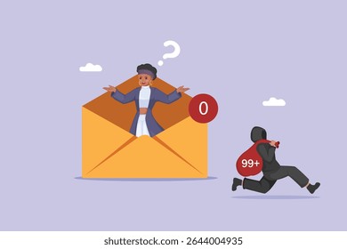 Dilema na segurança de e-mail: mulher saindo de uma caixa de entrada vazia confusa enquanto um hacker escapa com dados roubados representados por um saco cheio.