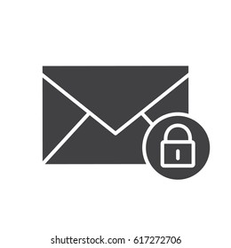 Email security glyph icon. Silhouette symbol. Sms message with closed lock. Negative space. Vector isolated illustration