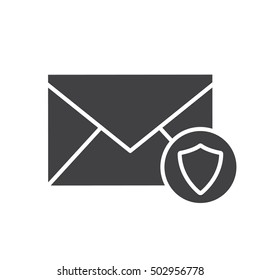 Email security icon. Letter silhouette symbol. Sms message with protection shield sign. Negative space. Vector isolated illustration