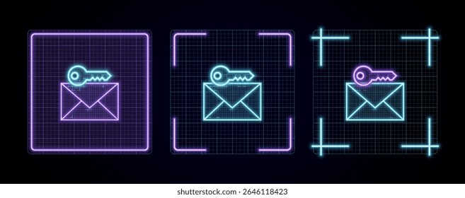 Ilustração de senha de chave de segurança de e-mail, visual de neon cibernético, vetor de grade de borda brilhante.