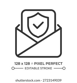 Icono de línea perfecta de píxeles de seguridad de correo electrónico. Mensaje seguro, comunicación cifrada. Comprobación de seguridad. Ilustración vectorial aislada. Símbolo de contorno. Dibujo lineal simple. Trazo editable