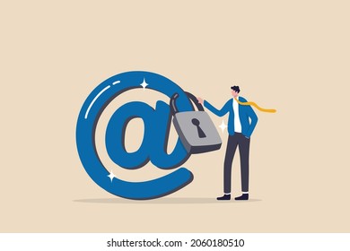 Email Security Protection, Safety System To Defend Cyber Attack, Spam Or Data Leak, Data Encryption Technology Concept, Confidence Businessman Standing With Strong Padlock Security On Email Symbol.