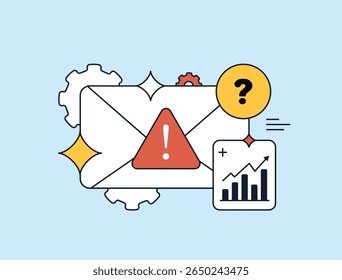 Aviso de segurança de e-mail com ícone de mensagem suspeita, alerta de e-mail de phishing e sinal de ameaça cibernética ao lado do gráfico de análise de fraude de e-mail e equipamento de configurações. Ilustração de vetor de design de estilo plano