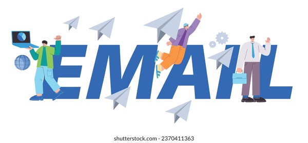 Email send message technology digital information communication man character text office message delivery paper plane fly