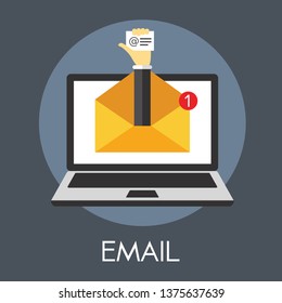email send vector illustration with laptop and envelope, hand. 