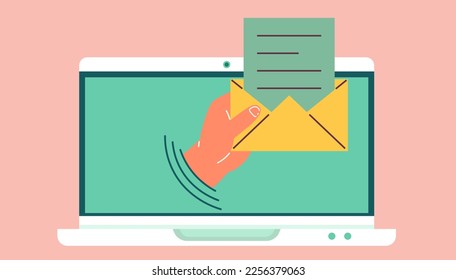 Email sending, paper envelope on laptop screen. Online chat message notifications with computer, paper documents in hand, sms communication, virtual discussion, concept of speak, conversation, dialog