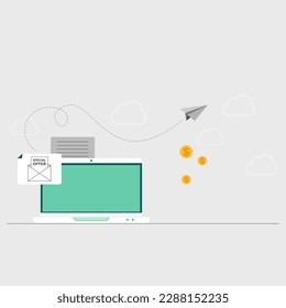 Email sending, paper envelope on laptop screen and paper airplane. Online chat message notifications with computer, documents, sms communication, virtual discussion, concept of conversation, dialog