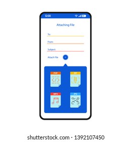 Email sending smartphone interface vector template. Mobile app page white design layout. Attaching files, media screen. Flat UI for application. Online attachments sharing, adding. Phone display