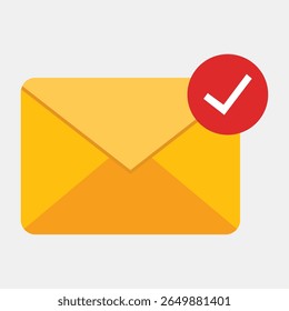 Email sent or message verified icon. Envelope with a red check mark symbol for successful delivery, task completion, confirmation, or approval.
