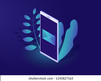 Email sent, new message notification, internet promotion, mobile phone with envelope on screen online advertising concept icon isometric vector dark neon