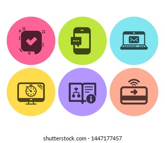 E-mail, Seo timer and Technical algorithm icons simple set. Confirmed, Smartphone message and Contactless payment signs. New message, Analytics. Technology set. Flat e-mail icon. Circle button. Vector