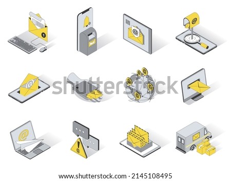 Email service 3d isometric icons set. Pack elements of writing letter, sending and receiving envelopes, online correspondence, feedback, mail delivery. Vector illustration in modern isometry design