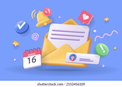 Email Service Konzept 3D Illustration. Symbolzusammensetzung mit offenem Umschlag mit Brief, Erinnerung, Markierung, Kalenderdatum, Kontakt und Online-Kommunikation. Vektorgrafik für modernes Webdesign