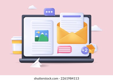 Email service concept 3D illustration. Icon composition with letter in envelope and information document for mailing on computer screen, online communication. Vector illustration for modern web design