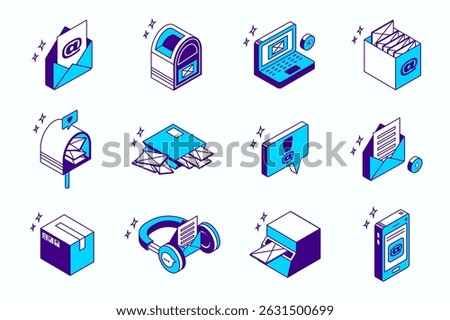 Email service concept 3d isometric icons set for web isometry design. Collection elements of letter envelope, mailbox, internet message, contact, mail, connection, support, more. Vector illustration.
