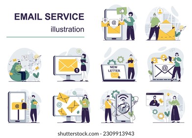 Email service concept with character situations mega set. Bundle of scenes people receiving and sending letters, using mail apps and correspondence delivery. Vector illustrations in flat web design