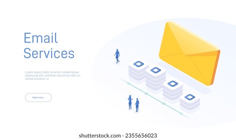 Concepto de servicio de correo electrónico. Los mensajes de correo electrónico son parte del marketing de negocios. Diseño de correo web o servicio móvil para encabezado de aterrizaje del sitio web. Boletín con antecedentes. Isometric vector ilustración