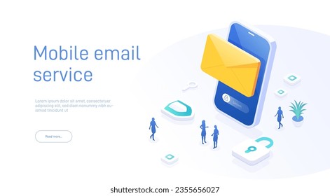 Email service concept. Electronic mail message as part of business marketing. Webmail or mobile service layout for website landing header. Newsletter sending background. Isometric vector illustration.