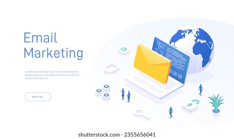 Email service concept. Electronic mail message as business marketing. Newsletter sending mobile service layout or webmail. Web banner template. Email isometric vector illustration.