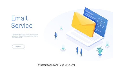 Email service concept. Electronic mail message as part of business marketing. Webmail or mobile service layout for website landing header. Newsletter sending background. Isometric vector. 