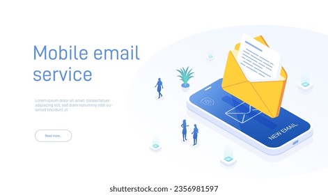 Concepto de servicio de correo electrónico. Mensaje de correo electrónico como parte del marketing de negocios. Diseño de correo web o servicio móvil para encabezado de aterrizaje del sitio web. Boletín con antecedentes. Vector isométrico.