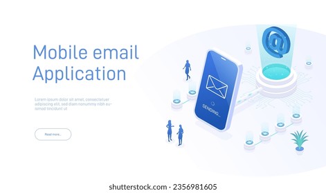 Email service concept. Electronic mail message as part of business marketing. Webmail or mobile service layout for website landing header. Newsletter sending background. Isometric vector.