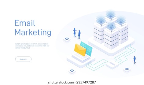 Email service concept. Electronic mail message as part of business marketing. Webmail or mobile service layout for website landing header. Newsletter sending background. Isometric vector. 