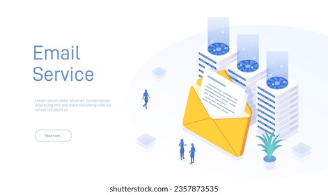 Concepto de servicio de correo electrónico. Correo electrónico como marketing de negocios. Boletín que envía el diseño del servicio móvil o el correo web. Plantilla de banner Web. Ilustración vectorial isométrica del correo electrónico.