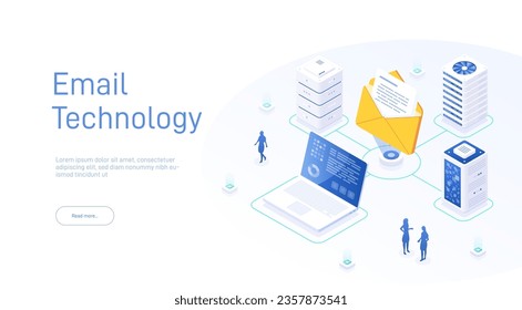 Email service concept. Electronic mail message as business marketing. Newsletter sending mobile service layout or webmail. Web banner template. Email isometric vector illustration.