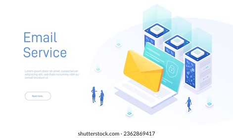 Email service concept. Electronic mail message as business marketing. Newsletter sending mobile service layout or webmail. Web banner template. Email isometric vector illustration.