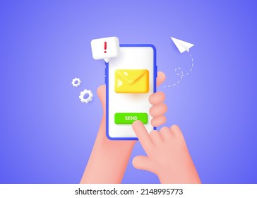 Concept de service de messagerie électronique. La main tient un smartphone, envoyant des sms en pressant un doigt. Image vectorielle illustration 3d.