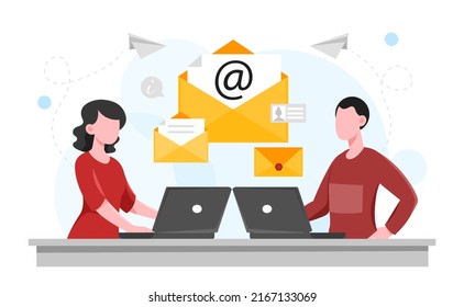 Email service concept. Man and girl use laptops, hard working employees exchange information. Digital world and modern technologies, social networks, cloud service. Cartoon flat vector illustration