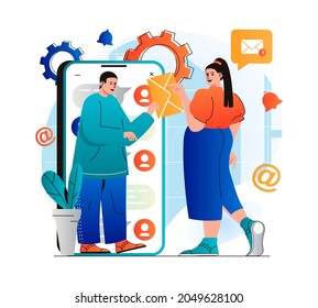 Concepto de servicio de correo electrónico en diseño plano moderno. Mujer y hombre corresponden, enviando y recibiendo nuevas cartas en aplicación móvil. Tecnología de comunicación en línea, contacto comercial. Ilustración del vector