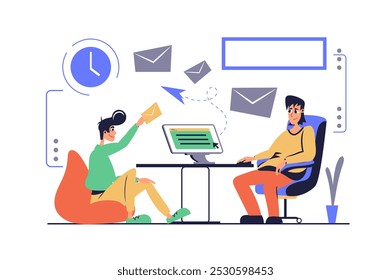 Email service concept in modern flat cartoon design for web. Man chatting and sending messages, sending digital letters, receiving new inbox correspondence and spam at computer. Vector illustration.