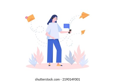 Email service concept with people scene in flat cartoon design. Girl with smartphone receives emails and replies to them. Vector illustration.